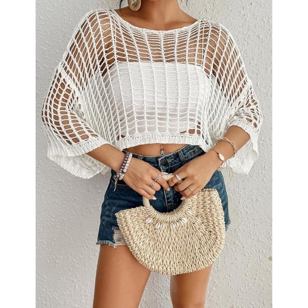 White Crochet Mesh Coverup Crop Top